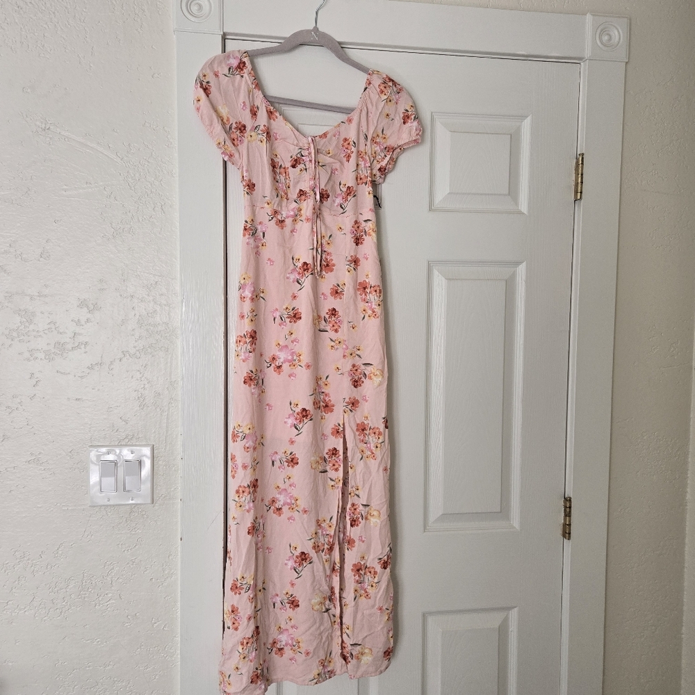 Pink Floral Maxi Dress with Tie Front, S